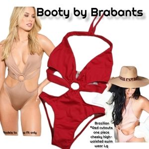 Booty by Brabants Brazilian Red cutouts one piece cheeky high-waist swim wear Lg